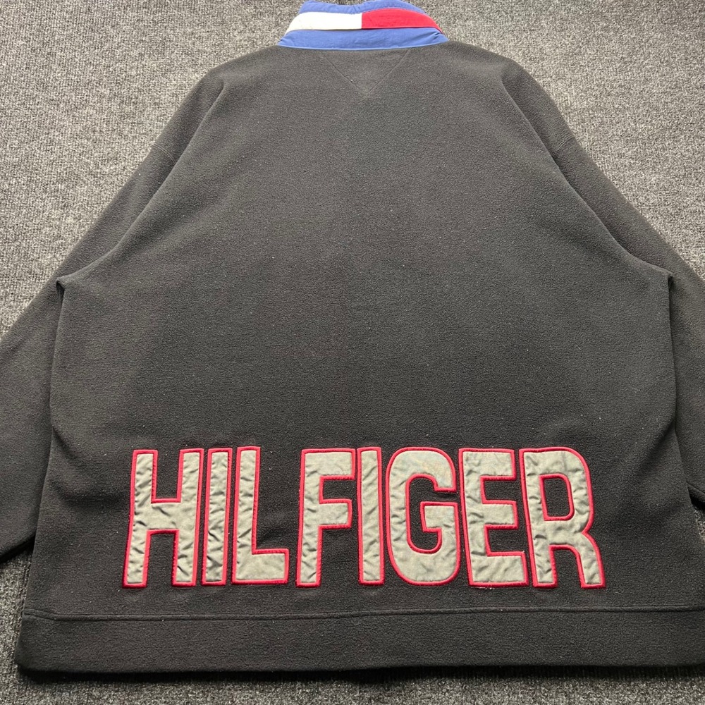 Vintage Tommy Hilfiger Outdoors Quarter Zip Fleece Black XL Back Spellout Logo